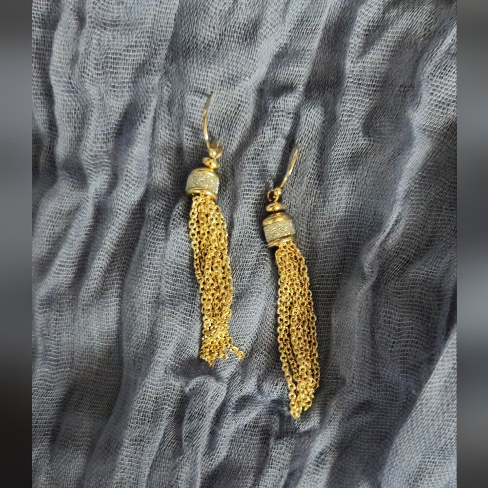 Trendy gold tone dangle chain earrings with band of sparkles at top